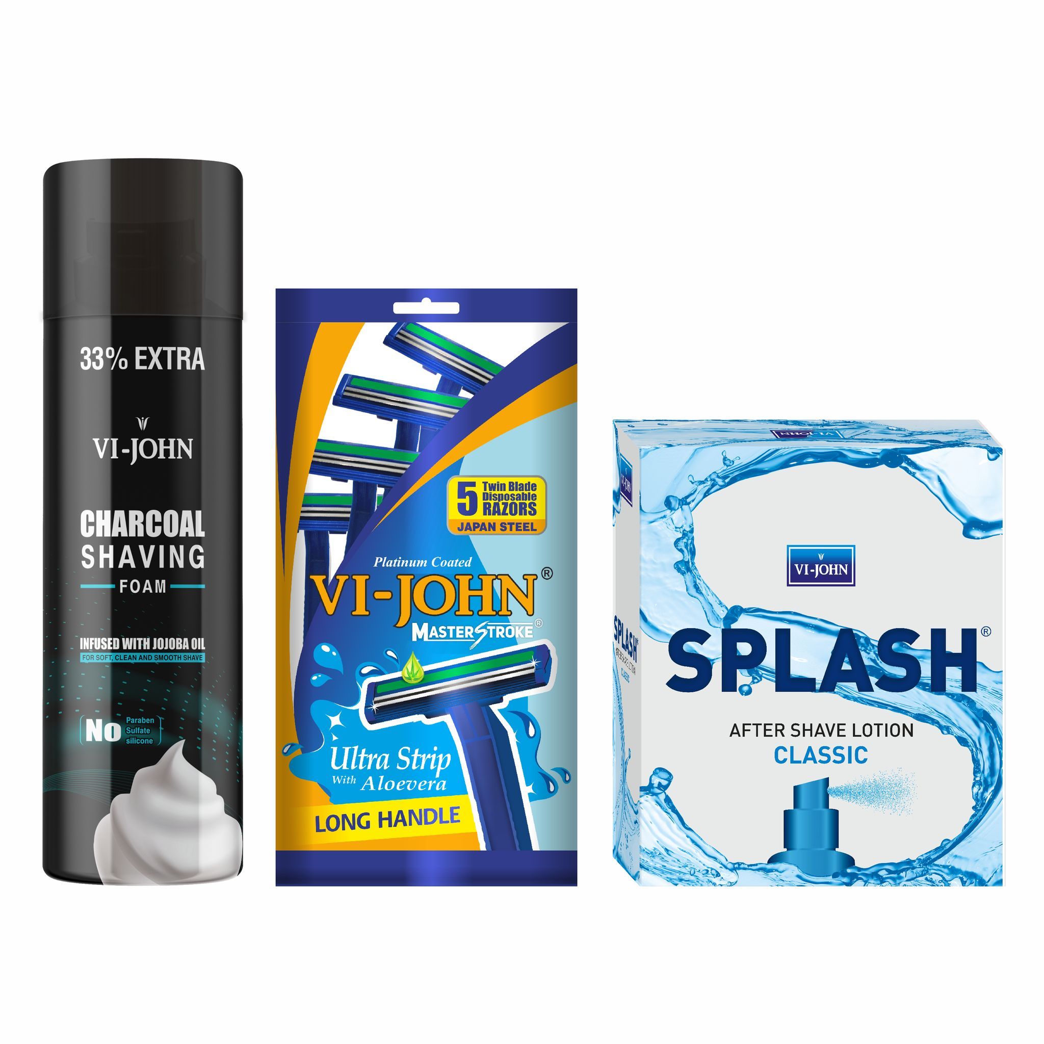 VI-JOHN Charcoal Shaving Foam 300ml, Master Stroke Twin Blade Shaving Razors With Lubricating Aloe Vera Strip(Contain 5 Pcs) & All New Splash Original After Shave Lotion 100ml