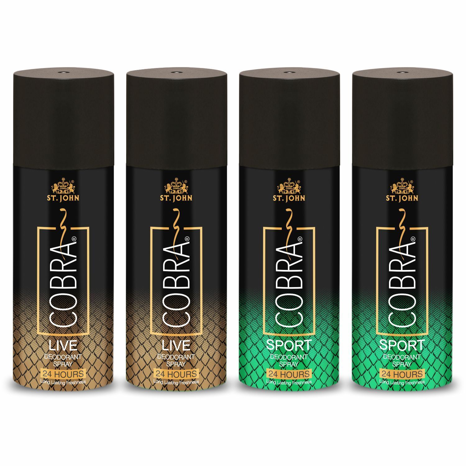 ST-JOHN Cobra Deo Live (2Pcs) and Sport 150 ML (2Pcs)  each Body Deodorant Spray - For Men & Women  (600 ml, Pack of 4)