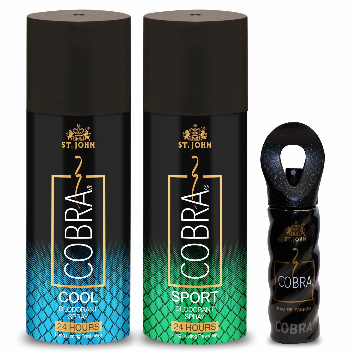 ST-JOHN Cobra Deo Cool and  Sport (150Ml each) Deodorant Body Spray and Cobra Perfume (15ml)  (3 Items in the set)