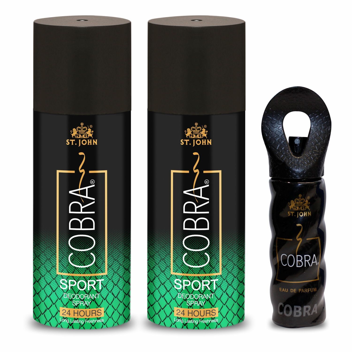 ST-JOHN Cobra Deodrant Sport (150x2) ml & Cobra Perfume (15ml) Deodorant Spray - For Men & Women  (315 ml, Pack of 3)