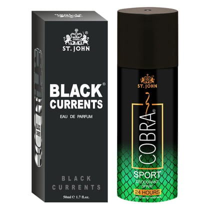 ST-JOHN Cobra Deodrant Sports 150 ml & Cobra Black Current 50ml Perfume Combo Gift Pack Perfume Body Spray  -  For Men & Women (200 ml, Pack of 2)