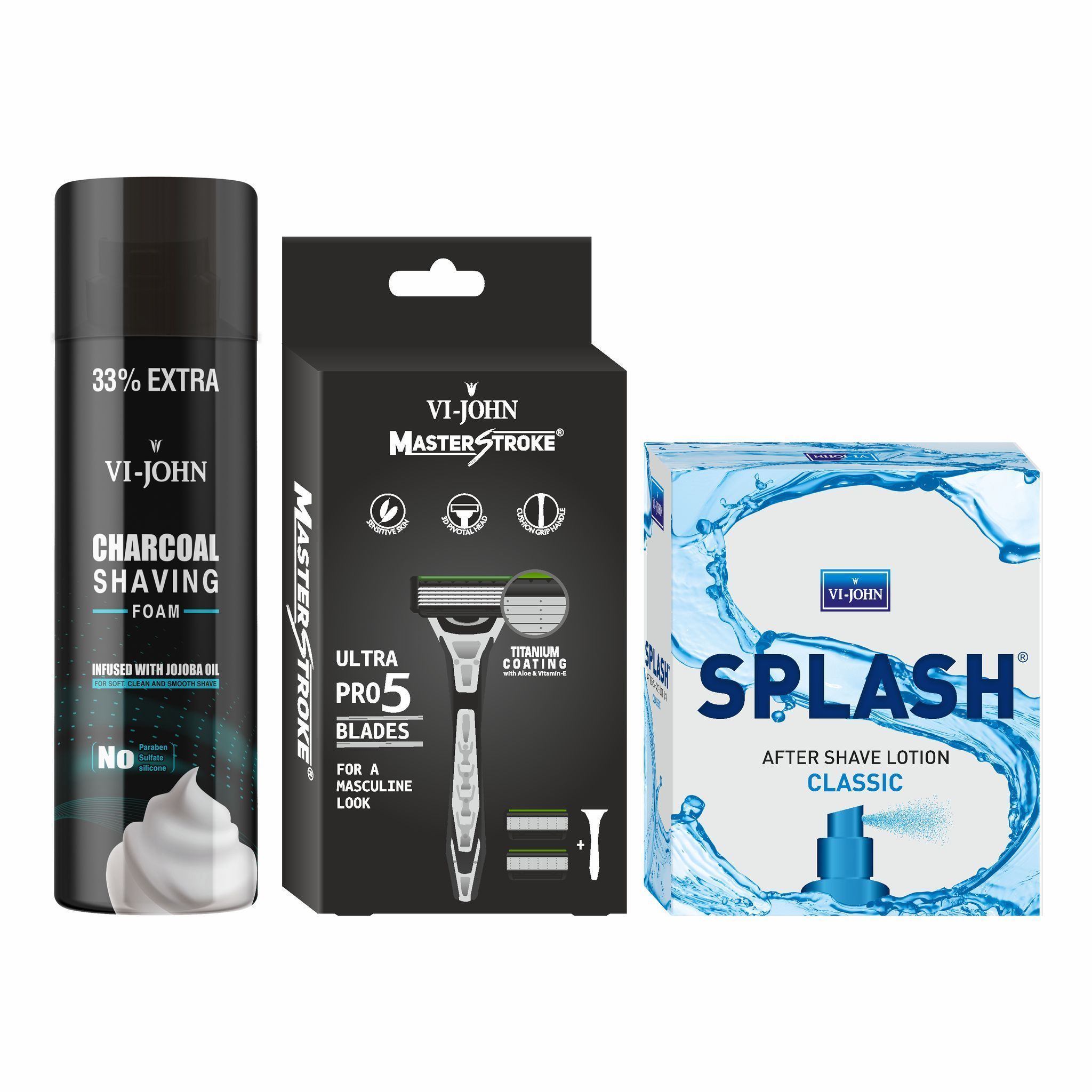 VI-JOHN Charcoal Shaving Foam 300ml, Master Stoke Ultra Pro 5 Blade Shaving Razor For Men & All New Splash Original After Shave Lotion 100ml