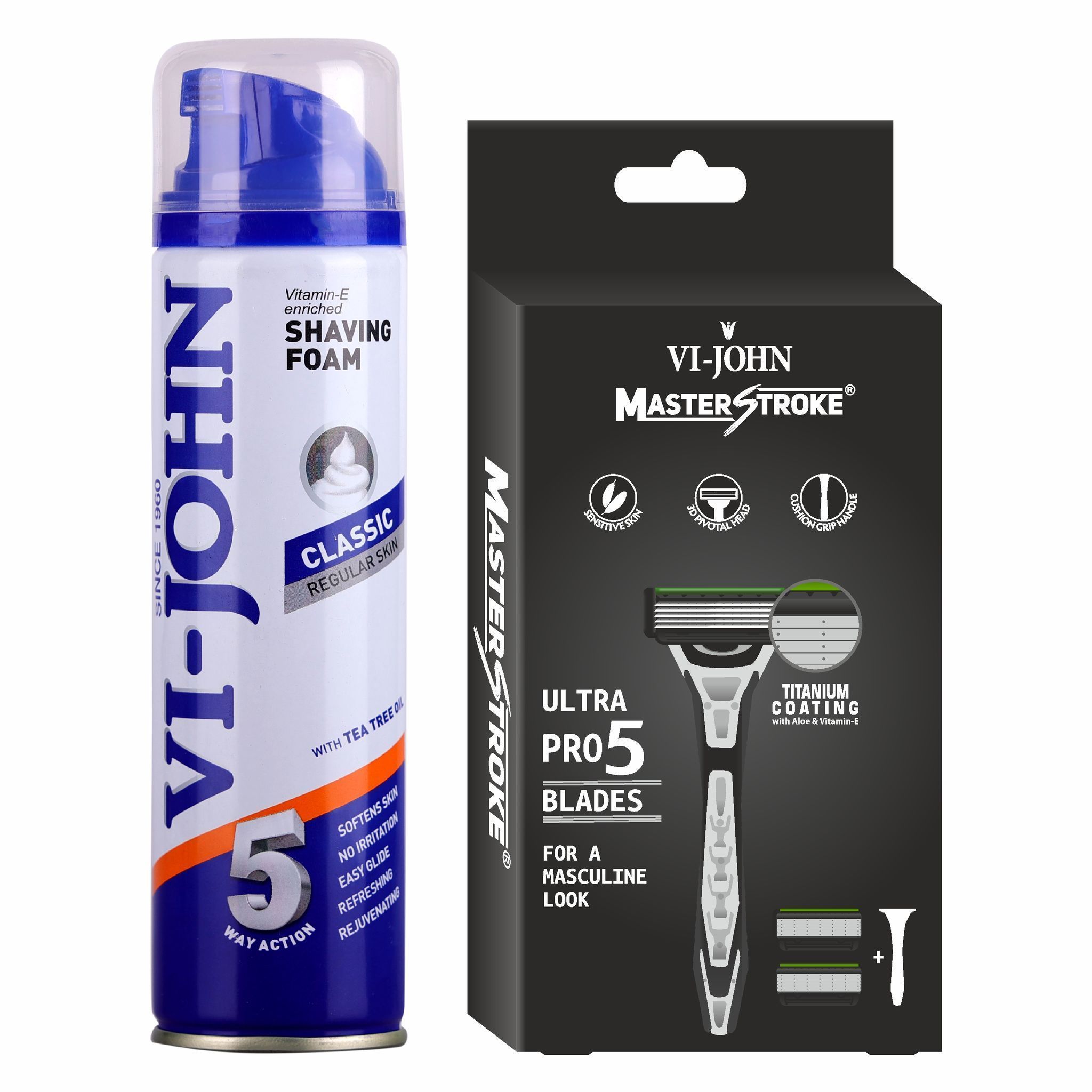 VI-JOHN Regular Shaving Foam 200ml & Master Stoke Ultra Pro 5 Blade Shaving Razor For Men