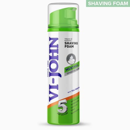 VI-JOHN Menthol Shaving Foam With 5 Way Action, Tea Tree Oil & Vitamin E -  200 GM (For Sensitive Skin)