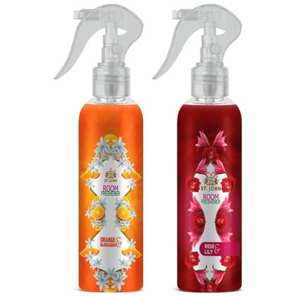 ST.JOHN Room Freshener | Long Lasting Fragrance | Orange Rajnigandha | Rose Lilly | Combo Pack Of 2 Spray 2 X 250 ML