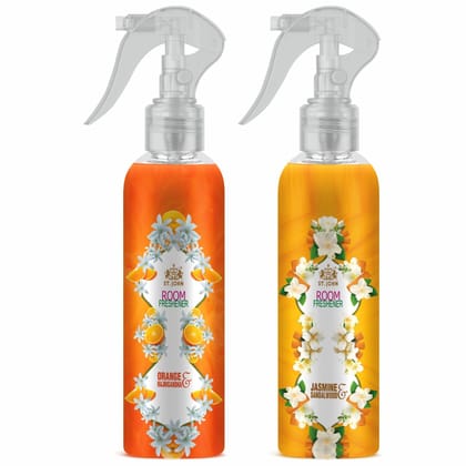 ST.JOHN Room Freshener | Long Lasting Fragrance | Orange Rajnigandha | Jasmine Sandalwood | Combo Pack Of 2 x 250 ML