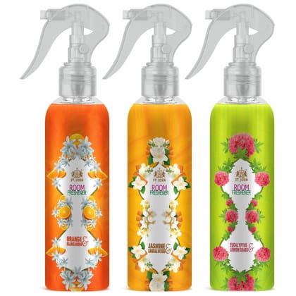 ST.JOHN Room Freshener | Long Lasting Fragrance | Orange & Rajnigandha | Jasmine & Sandalwood | Eucalyptus & Lemongrass | Combo Pack Of 3 X 250 ML