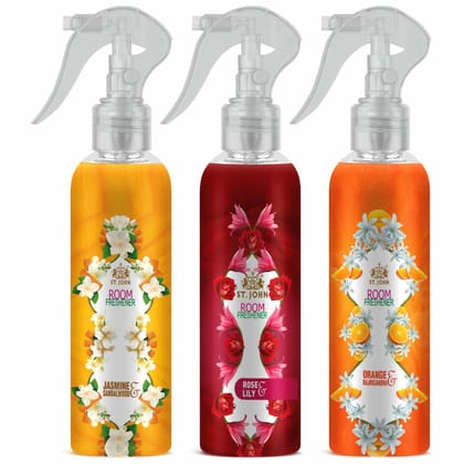 ST.JOHN Room Freshener | Long Lasting Fragrance | Jasmine Sandalwood | Rose Lilly | Orange Rajnigandha | Combo Pack Of 3 Spray 3 X 250 ML