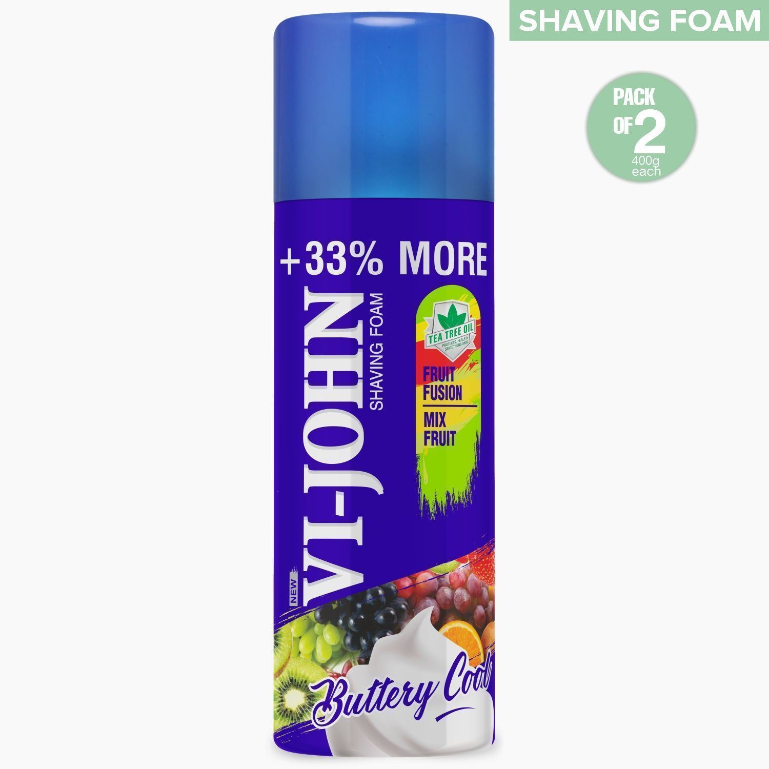 VI-JOHN Fruit Fusion Shaving Foam With Fruit Extract & Tea Tree Oil - 400 GM (Pack Of 2 - 800 GM)