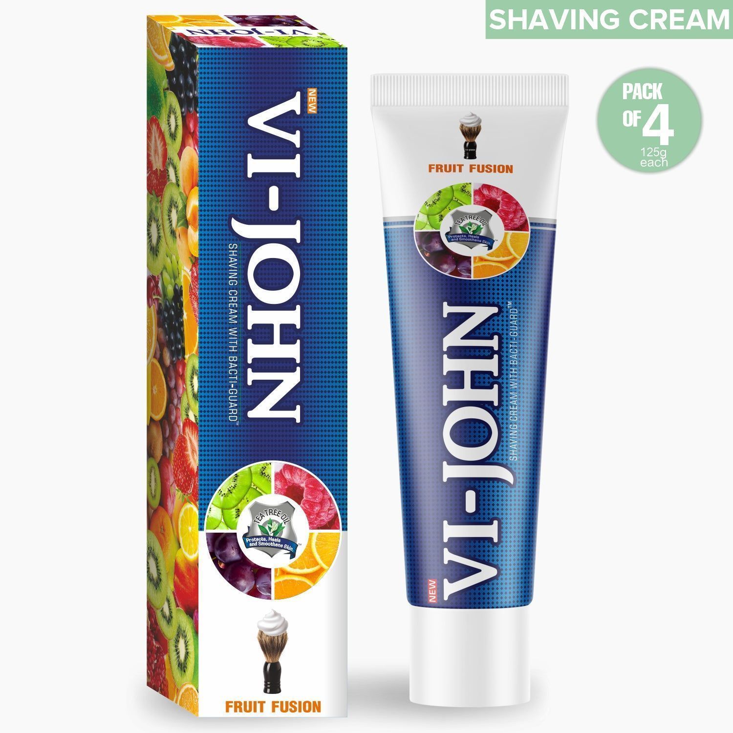 VI-JOHN Fruit Fusion Shaving Cream With Tea Tree Oil & Fruit Extracts - 125 GM (Pack Of 4 - 500 GM)