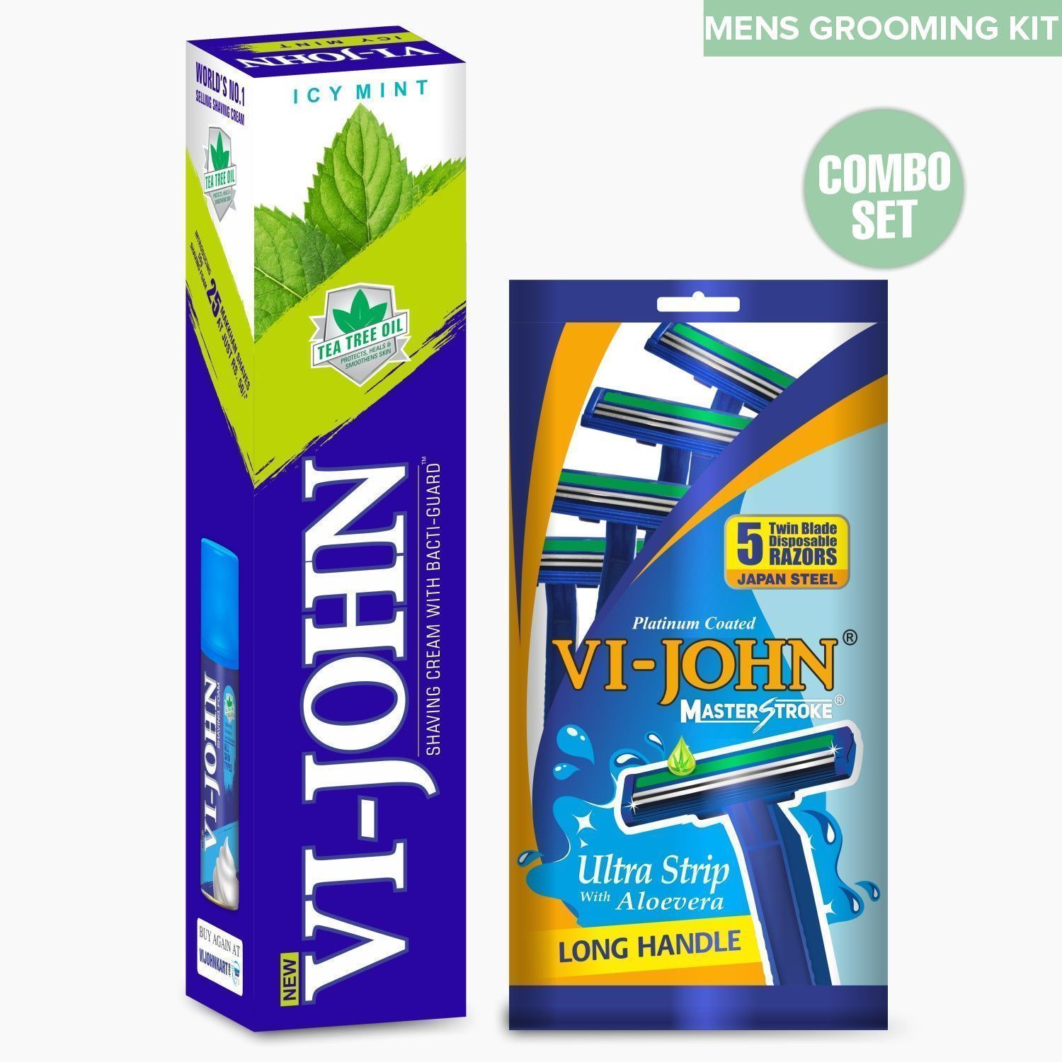 VI-JOHN Shaving Cream Icy Mint With Tea Tree & Vitamin E-  125 GM (Pack Of 4 - 500 GM + Disposable Razor 5 Pc)