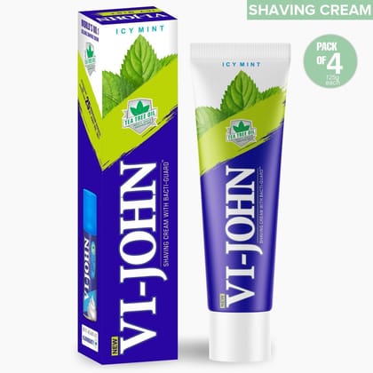 VI-JOHN Icy Mint Shaving Cream 125 GM With Tea Tree Oil & Bacti Guard Formula - Pack Of 4 (500 GM)