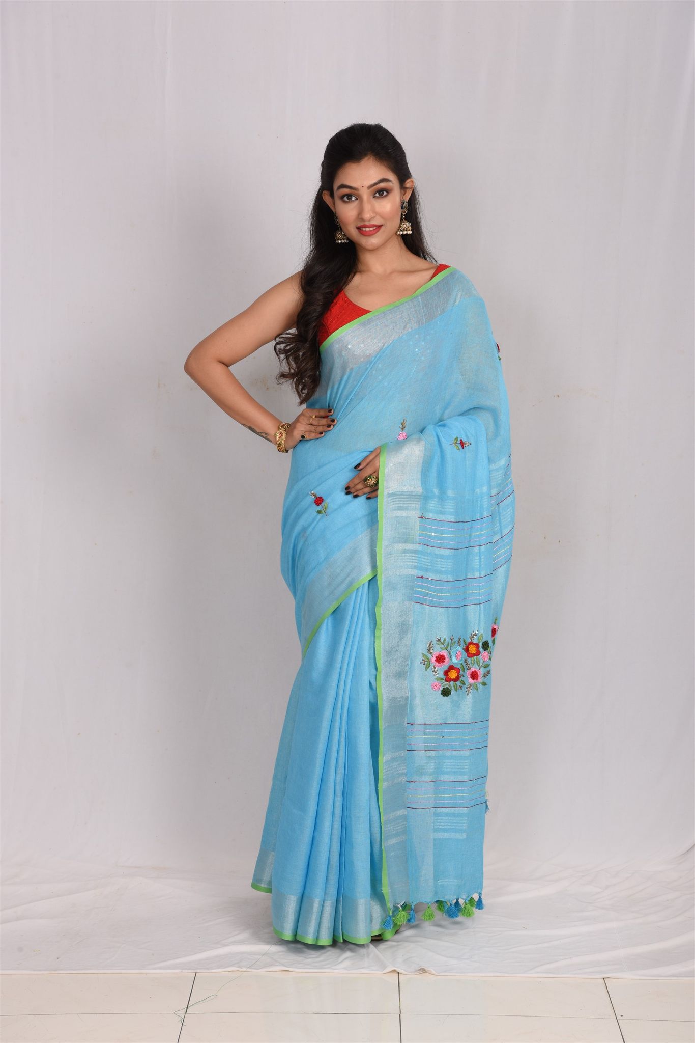 Jharcraft Linen Saree with hand embroidery(SA03038)