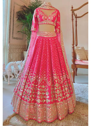 Real Mirror Work Pink Lehenga Design With Phantom Fabric