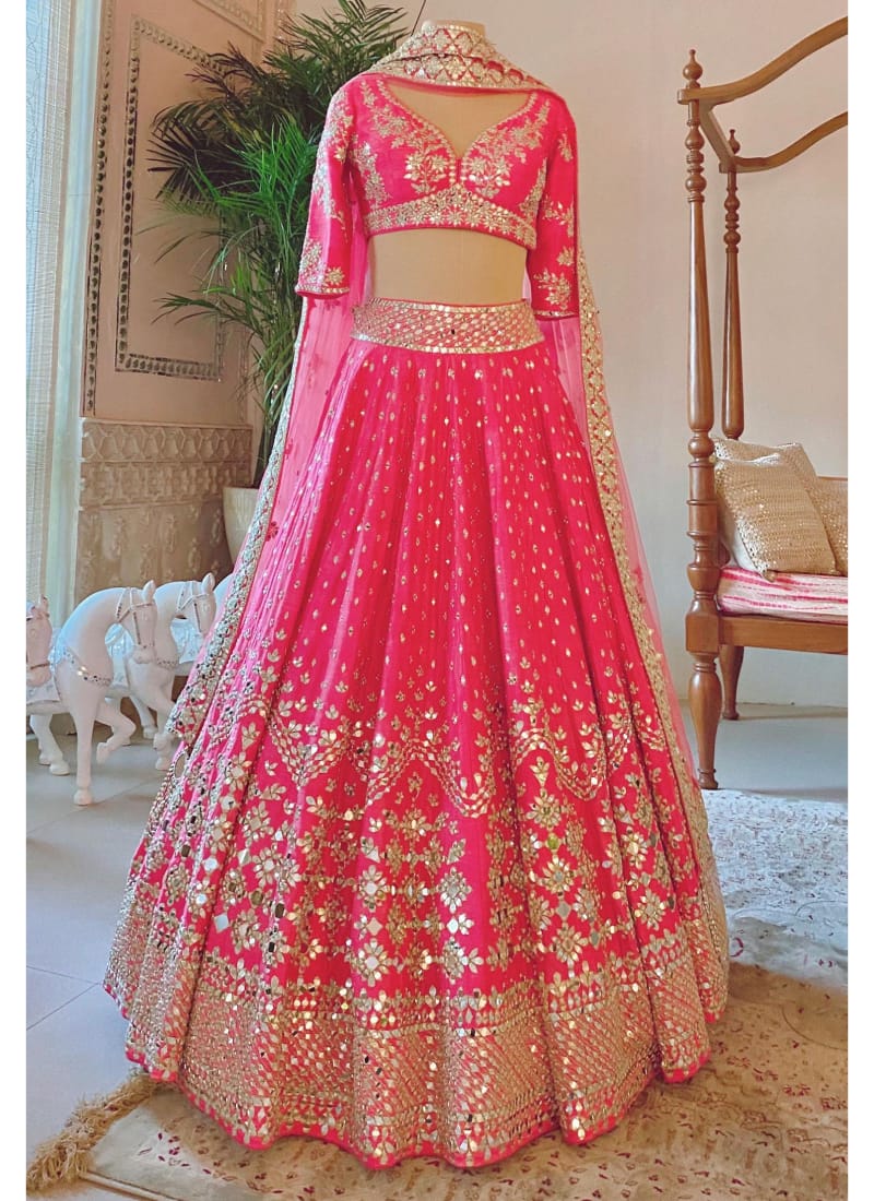 Real Mirror Work Pink Lehenga Design With Phantom Fabric