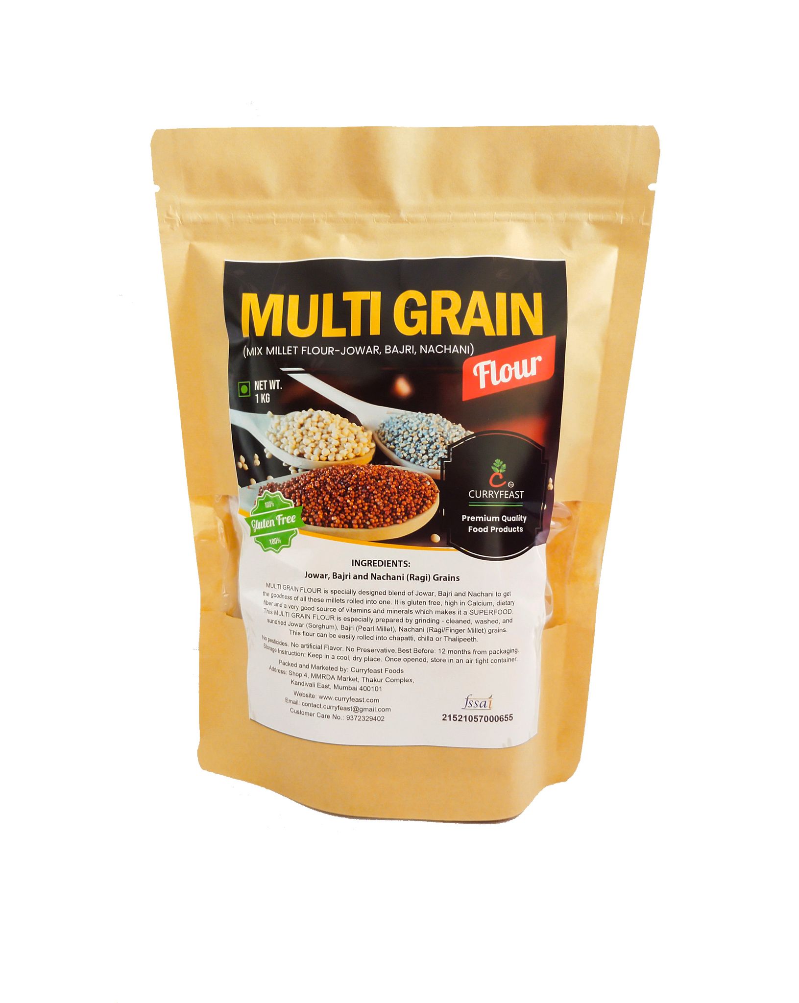 Curryfeast Multigrain Flour/Gluten Free/Super Healthy Blend of Jowar, Bajri and Ragi / 1 Kg