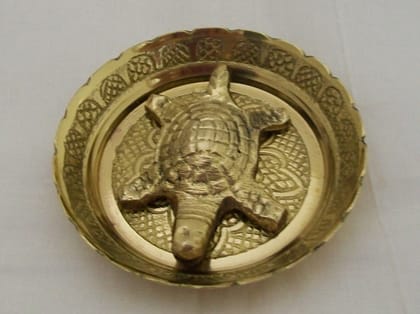 SunAstro Brass Metal Tortoise with Plate Shree Laxmi Yantra for Good Luck Vastu Wish Fulfilling Feng Shui Turtle Pital Kachua Size 2 Inches Gold Showpiece for Home Decor