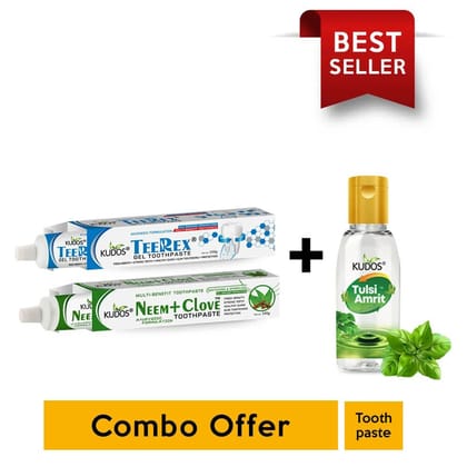 Buy 1 Neem Clove Toothpaste + 1 Teerex Gel Toothpaste &amp; Get 1 Tulsi Amrit 15ml Free