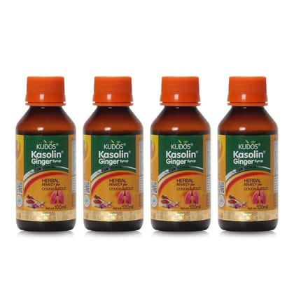 Kudos Kasolin Ginger Syrup 100 ml (Pack of 4) | Ayurvedic Medicine for Cough & Sore Throat Relief