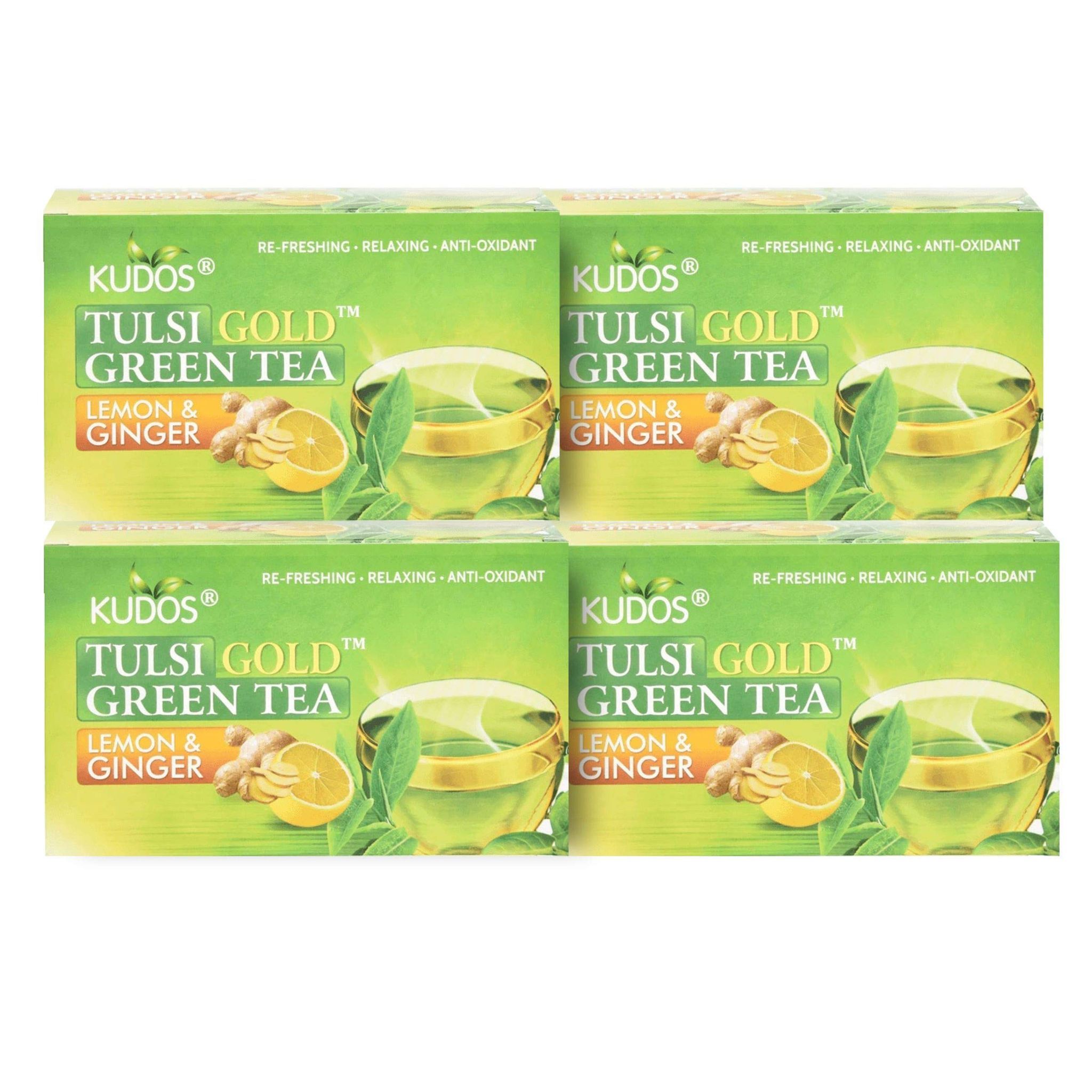 Kudos TULSI GOLD GREEN Refreshing ,Relaxing ,Anti Oxidant Tea :Helps Boost Immunity,Loose Weight,Burn Fat, Zero Calorie Tulsi Tea : 25 Tea Bags X2gram Each (Pack Of 4)