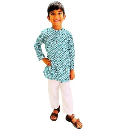 MAITREYO Unisex Kids Pure Cotton Print Kurta Pyjama Set (6-9 year) - Blue