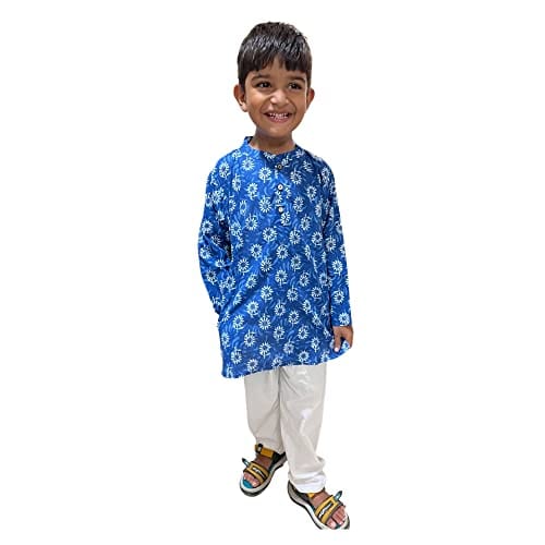 MAITREYO Kids Boys' Pure Cotton Printed Kurta Pyjama Set | Blue | 4-5Y