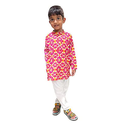 MAITREYO Unisex Kids Pure Cotton Pink Print Kurta Pyjama Set | Pink | (5-6 year)