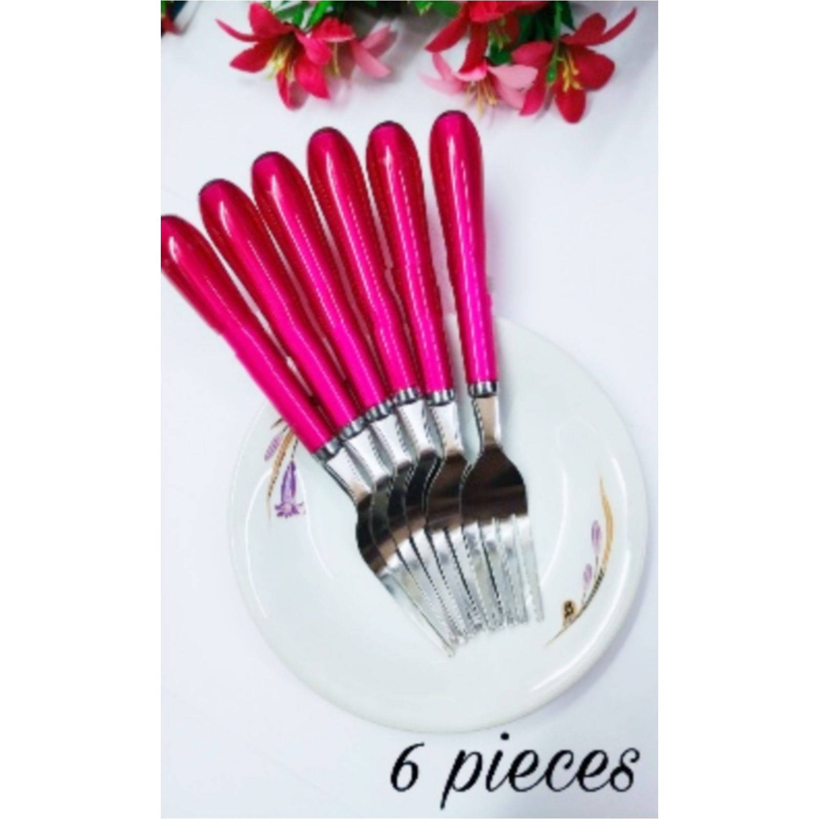 Pink Handle Stainless Steel Fork Set (Pack of 6)