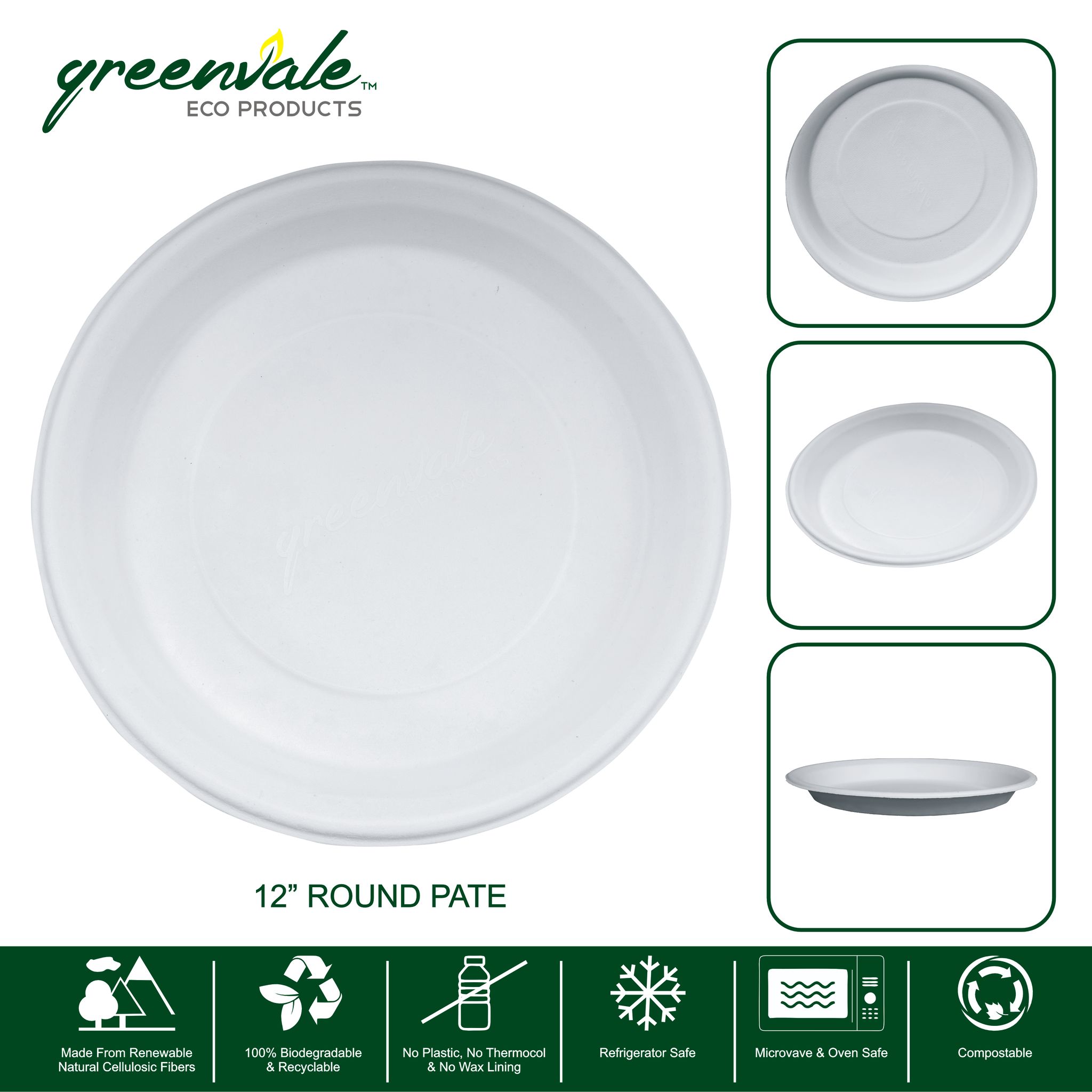 GREENVALE 12 Inch Disposable Plates for Party, Birthday, Wedding, | Sugarcane Paper Plates, Biodegradable Round 300 mm Pack of 800 Plates