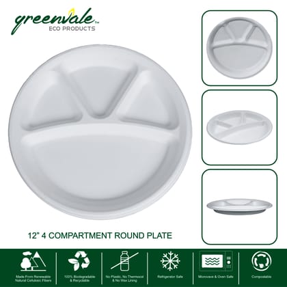 GREENVALE 12 Inch 4 Compartment Disposable Plates for Party, Birthday, Wedding, | Sugarcane Paper Plates, Biodegradable Round 300 mm Pack of 800 Plates