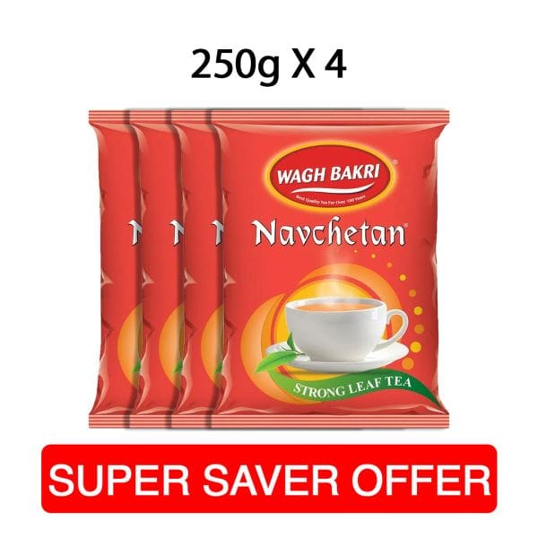 Wagh Bakri Navchetan Danedar Chai | Strong Leaf Tea | 250 Gm Each | Pack of 4 | 1 Kg Pack