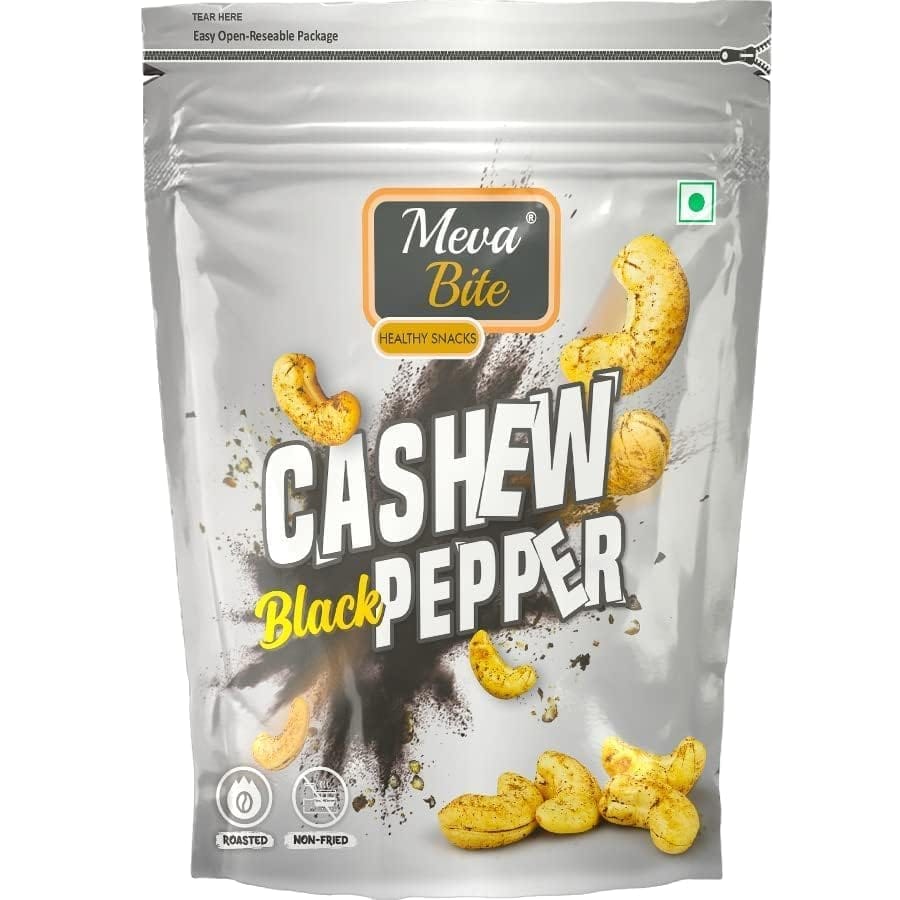 MEVABITE Delicious Black Pepper Cashews Nuts | Black Pepper Flavoured Dry Nut | Roasted & Salted Black Pepper Cashews | Kali Mirch Flavoured Kaju | Rich in Protein & Nutrients (200 Grams) Zipper Pack