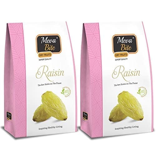 MEVABITE Premium Seedless Green Raisins (Kishmish) - 500gm | 100% Fresh Pure & Organic Dried Grapes | Long Green Raisin (Pack of 2X250 Gram)