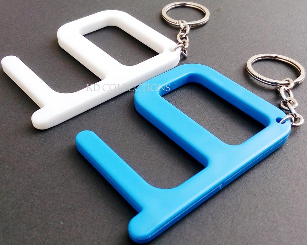 KD COLLECTIONS (2 Pcs) Virus Protection Keychain Safety Key for Virus NoTouch Keychain Handsfree Keychain Tool Contactless Key Door Opener Tool Safe Touch Key Antimicrobial Keychain-(White Blue Color)