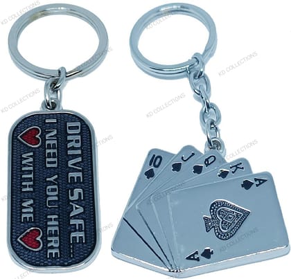 KD COLLECTIONS Drive Safe Keychain & Poker Playing Cards Metal Keychain Combo - Multicolor - Pack of 2 Keychains