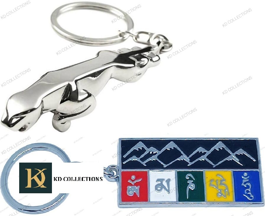 KD COLLECTIONS Jaguar Keychain Metal Silver Color & Tibetan Ladakh Flag Metal Keychain Multicolor - Combo - Pack of 2 Keychains