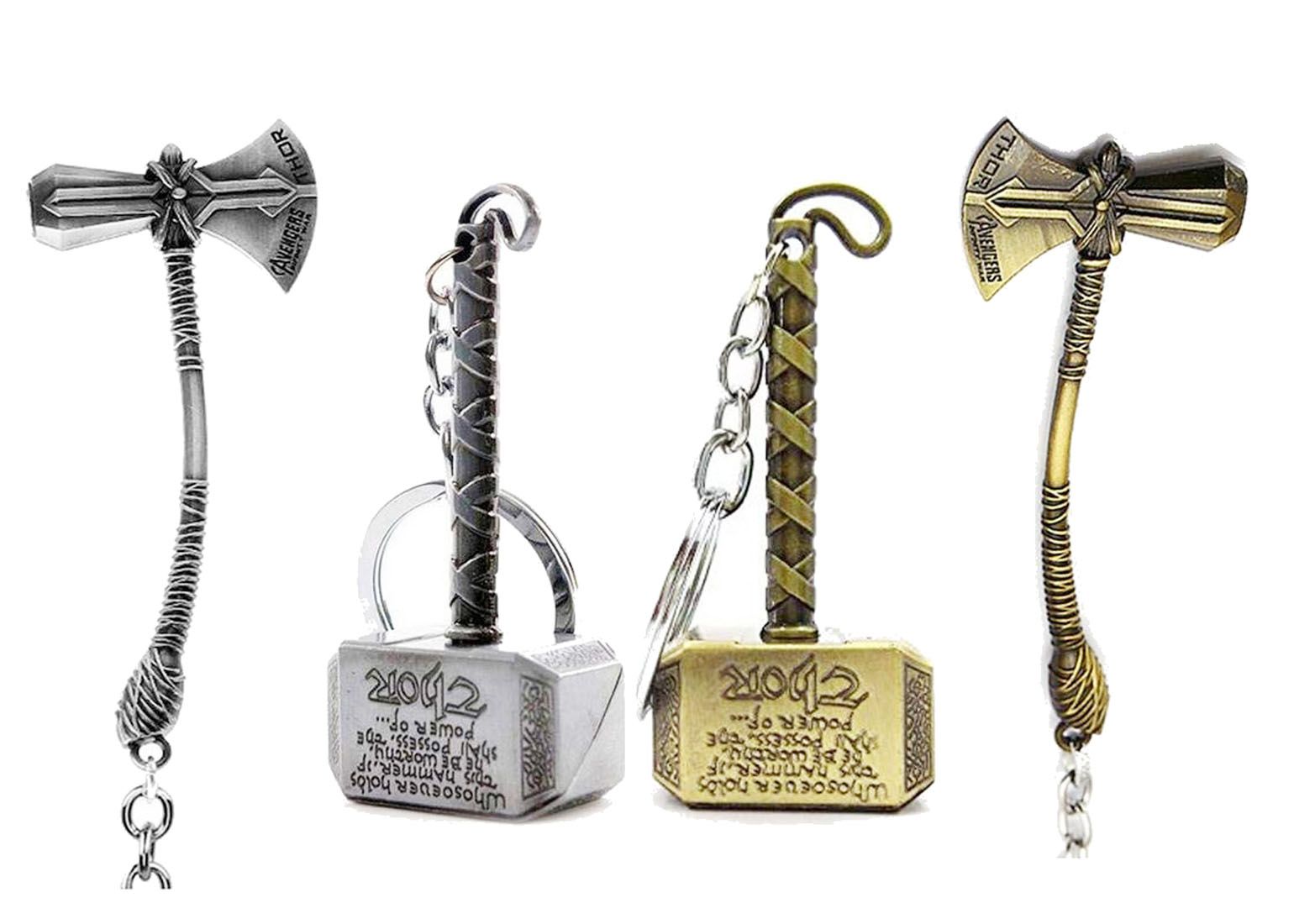 KD COLLECTIONS Avengers Infinity War Thor Stormbreaker Hammer Combo Antique Silver Grey & Antique Golden Color Metal Keychain (Pack of 4 Keychains)