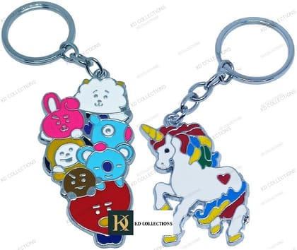 KD COLLECTIONS Unicorn Horse Keychain & BTS Keychain BT21 Metal Keychain Combo - Multicolor - Pack of 2 Keychains