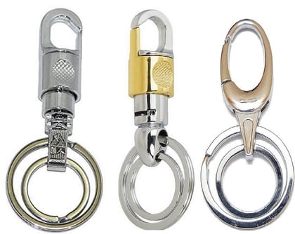 KD COLLECTIONS Double Ring Hook Keychain for Bike & Cars Combo - Golden Silver Color - Pack of 3 Keychains