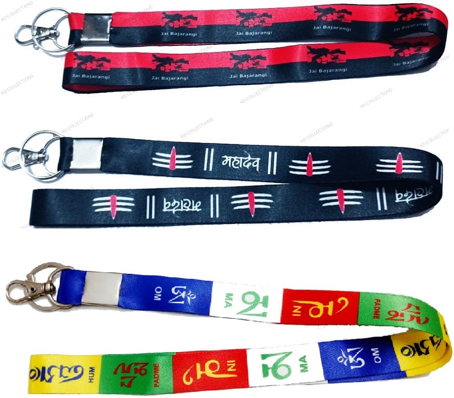 KD COLLECTIONS Lord Shiva Shankar Mahakaal Mahadev & Bajrangbali Hanuman & Tibetan Ladakh Flag Lanyard Tag Ribbon ID Card Badge Holder Fabric Hook Keychain Combo-Multicolor-Pack of 3 Lanyards