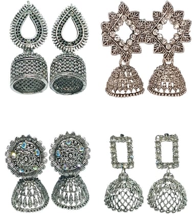 KD COLLECTIONS Combo Of Ethnic Silver Oxidised Jhumka Jhumki Earrings for Girls & Women - Pack Of 4 Pairs