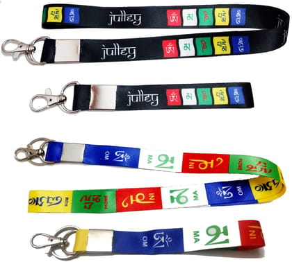 KD COLLECTIONS (4 Pcs) Tibetan Ladakh Prayer Words Logo Lanyard Keychain Tag ID Card Badge Holder Fabric Hook Keychain Combo - 18 inch & 7 inch - Long & Small - Multicolor