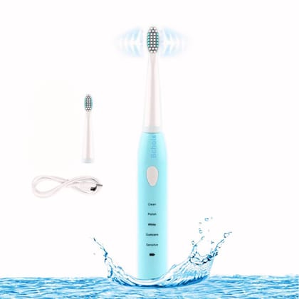 Rechargeable Electric Toothbrush with 5 Modes, 19,000 Strokes/min, 2 Brush Heads and Timer, Blue