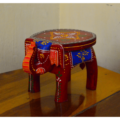 Handcrafted and Emboss Painted Colorful Wood Elephant Shape Garden Table (4 inch) (RED)