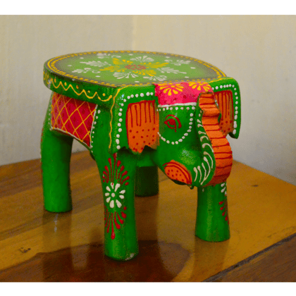 Handcrafted and Emboss Painted Colorful Wood Elephant Shape Garden Table (4 inch) (Green)
