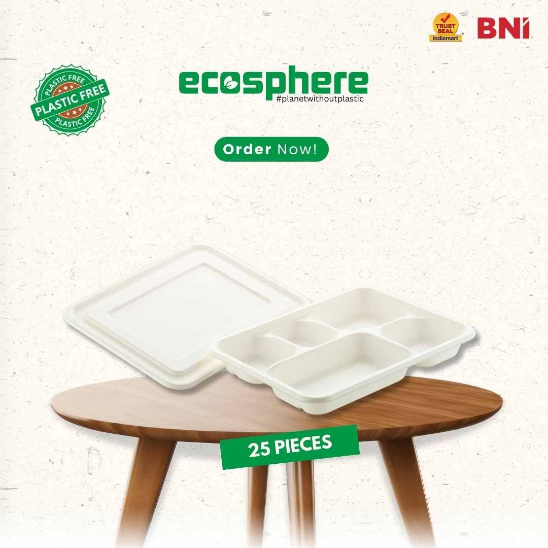 25 pieces Biodegradable Rectangular 5 Compartment Tray - Natural Disposable | Eco-Friendly & Compostable-10 x 8.5 Inch / 25 pieces