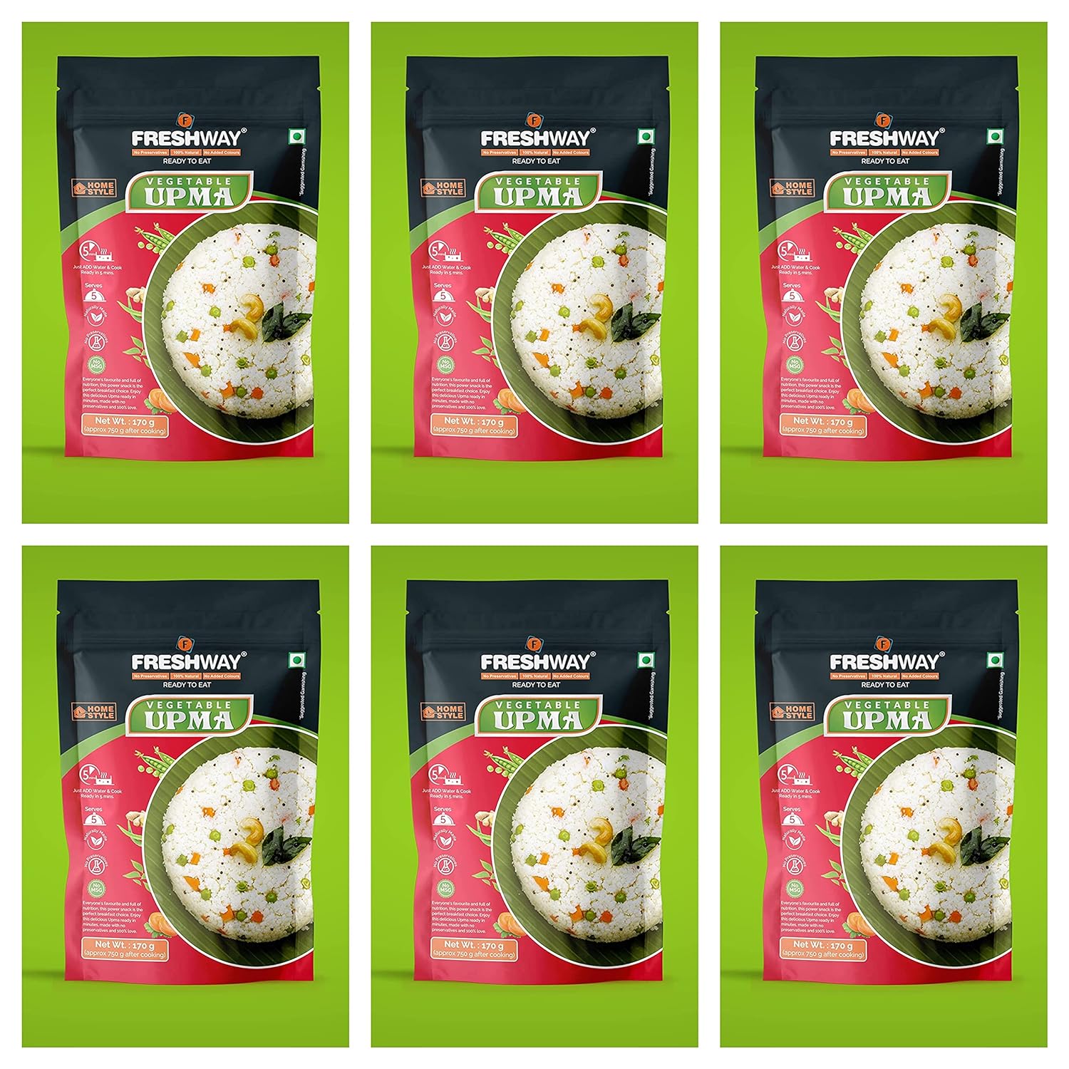 Freshway Ready To Eat Vegetable Upma Home Style Pack Of 6 | A Nutritious, Flavor Packed Indian Comfort Meal in Minutes