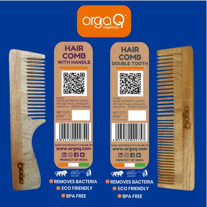 OrgaQ Organicky Organic Neem Wood Hair Comb With Handle and Double Tooth Combo| Remove Bacteria | Eco friendly