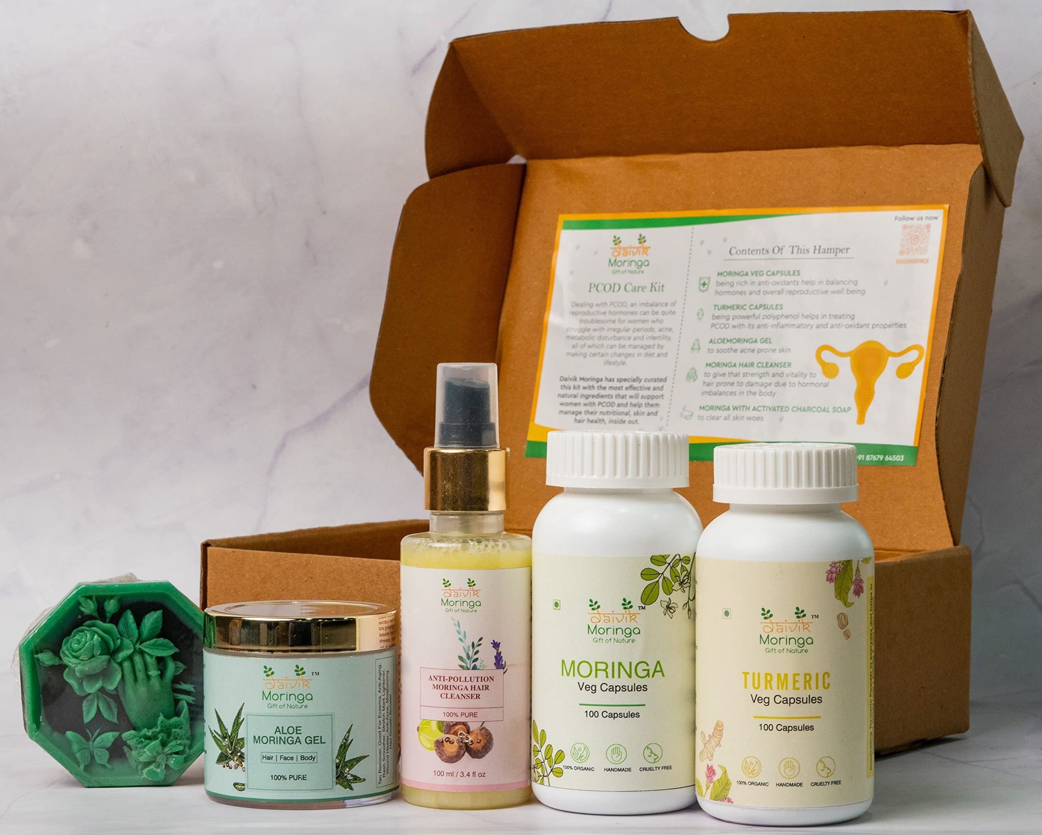 Daivik Moringa PCOSPCOD Products  | Perfect PCOD Kit - Moringa & Turmeric Capsules, Aloemoringa gel, Hair cleanser & Charcol Soap