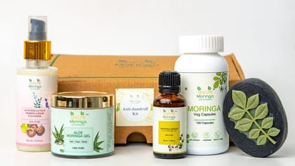 Daivik Moringa Natural Anti-Dandruff Kit | Moringa Veg Capsules, Moringa Hair Cleanser, Cold Pressed Moringa Seed Oil, Aloe-moringa Gel & Charcoal Soap | Gift Set